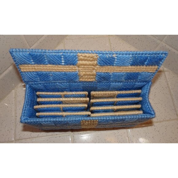 Vintage Blue Plastic Canvas Coaster Set 8 with Holder needlepoint handmade retro - Picture 8 of 10